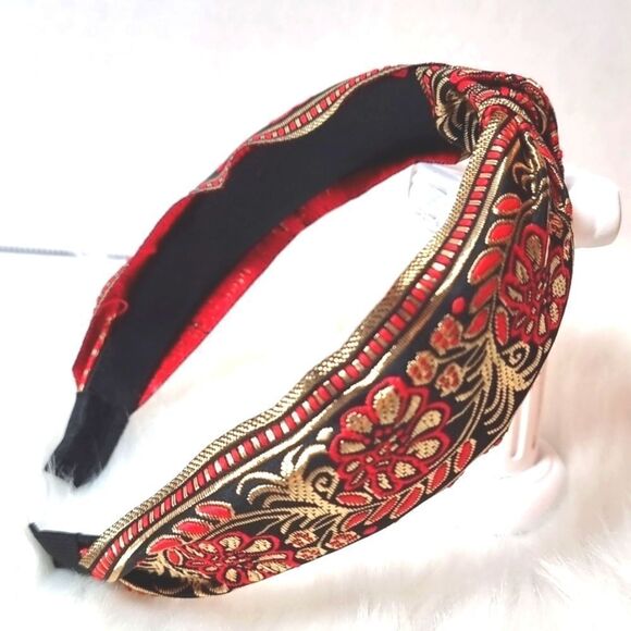 JEWELTONE JACQUARD SATIN FABRIC top knot red gold black headband - Picture 3 of 9